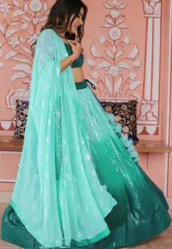 Embroidered Georgette Lehenga in Shaded Sea Green