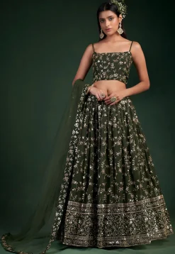 Embroidered Georgette Lehenga in Olive Green