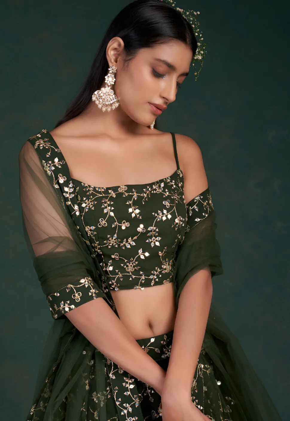 Embroidered Georgette Lehenga in Olive Green