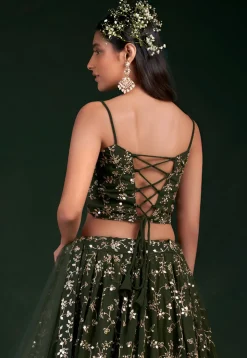 Embroidered Georgette Lehenga in Olive Green