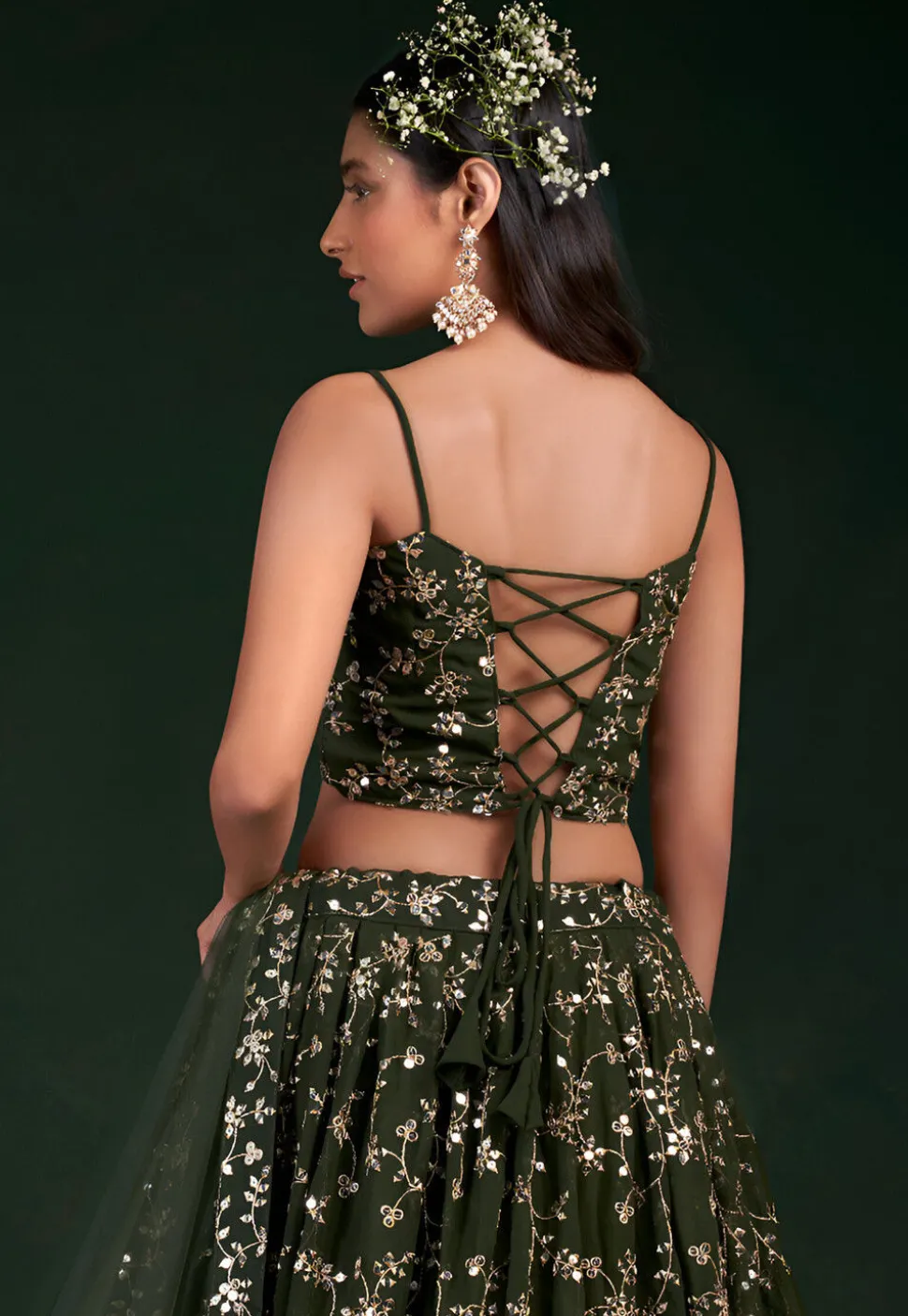 Embroidered Georgette Lehenga in Olive Green