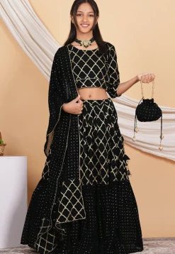 Embroidered Georgette Lehenga in Black