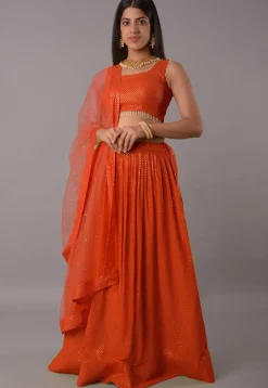 Embroidered Georgette Lehenga in Orange