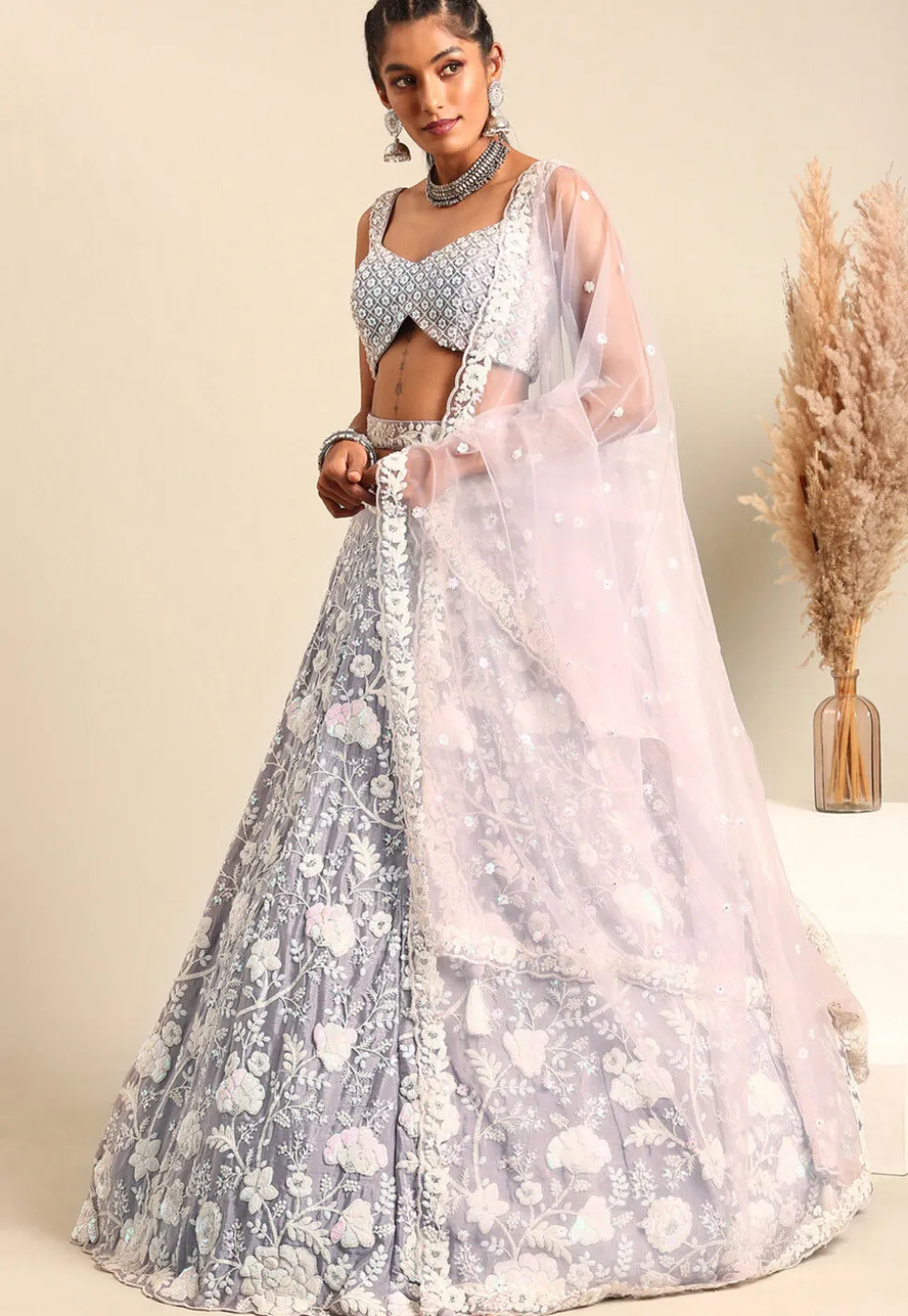 Embroidered Georgette Lehenga in Light Purple
