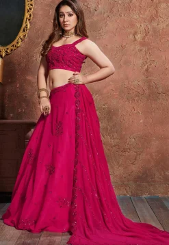 Embroidered Georgette Lehenga in Fuchsia