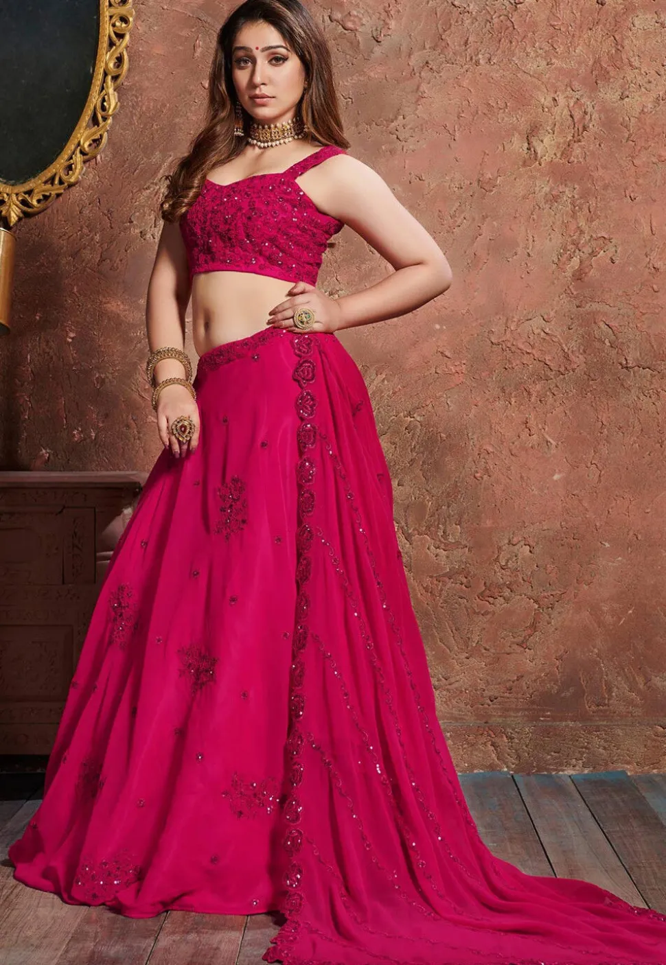 Embroidered Georgette Lehenga in Fuchsia
