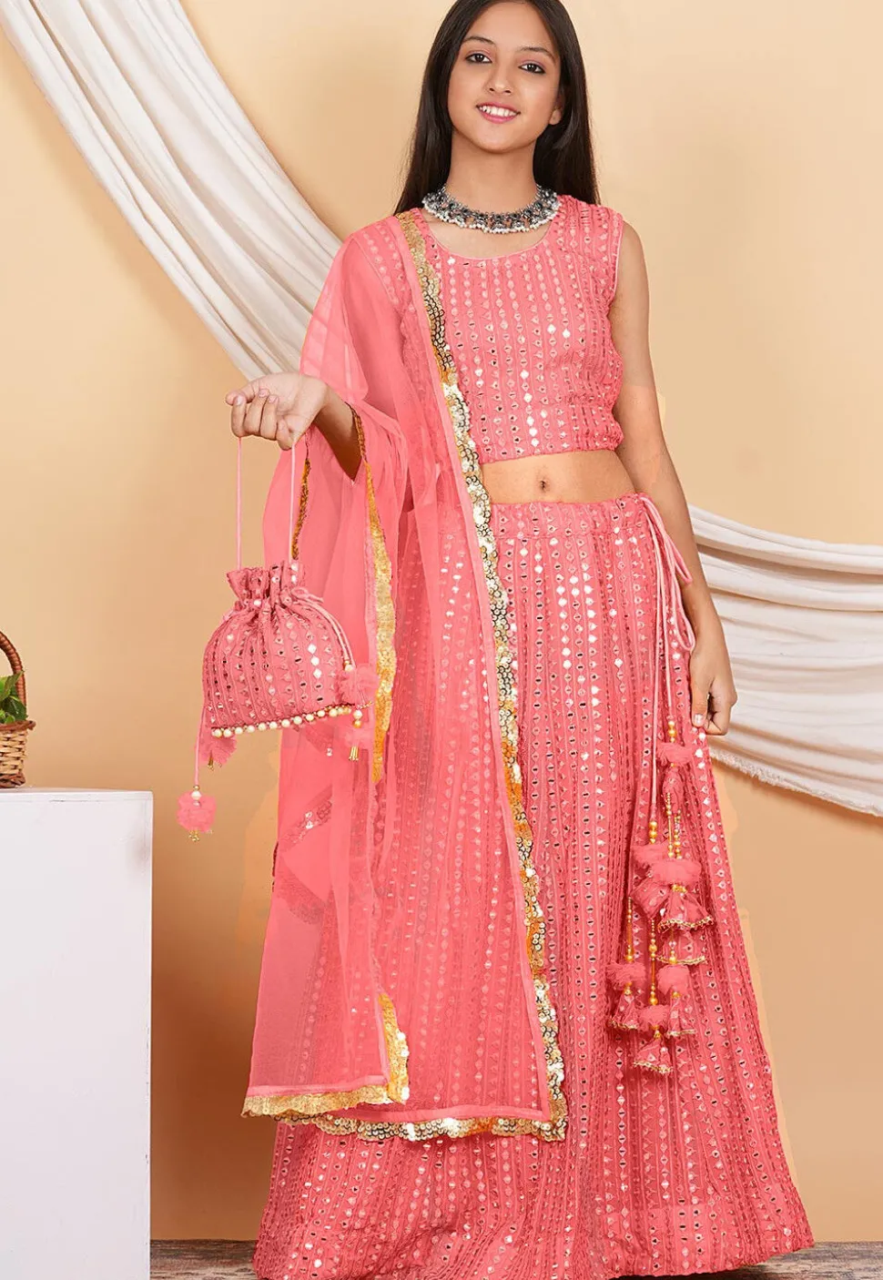 Embroidered Georgette Lehenga in Peach