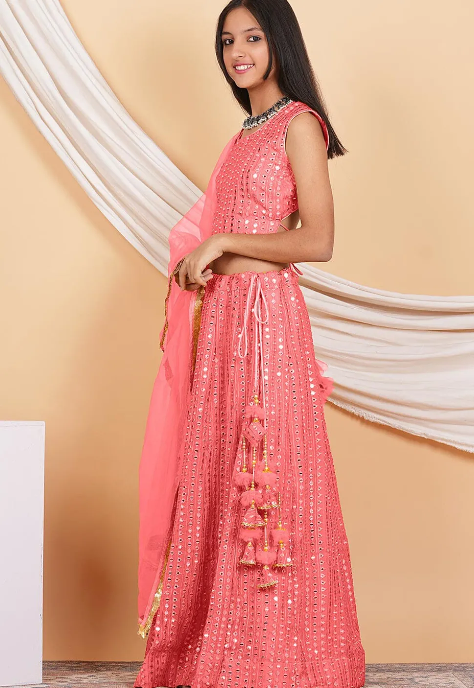 Embroidered Georgette Lehenga in Peach