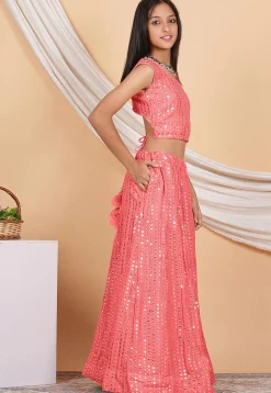 Embroidered Georgette Lehenga in Peach