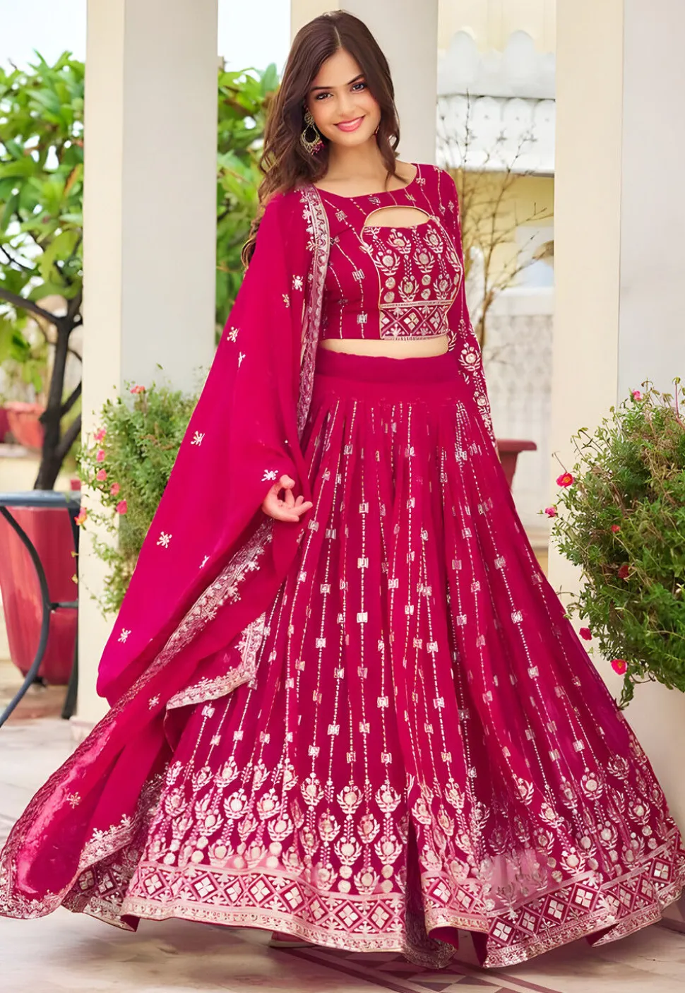 Embroidered Georgette Lehenga in Pink