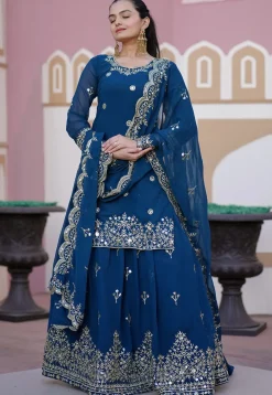Embroidered Georgette Lehenga in Teal Blue