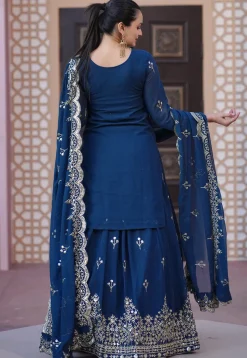 Embroidered Georgette Lehenga in Teal Blue