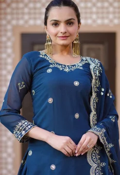 Embroidered Georgette Lehenga in Teal Blue