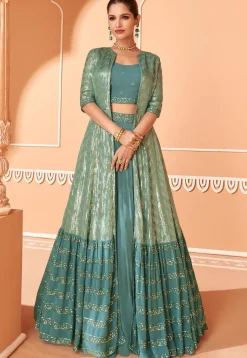 Embroidered Georgette Lehenga in Teal Green