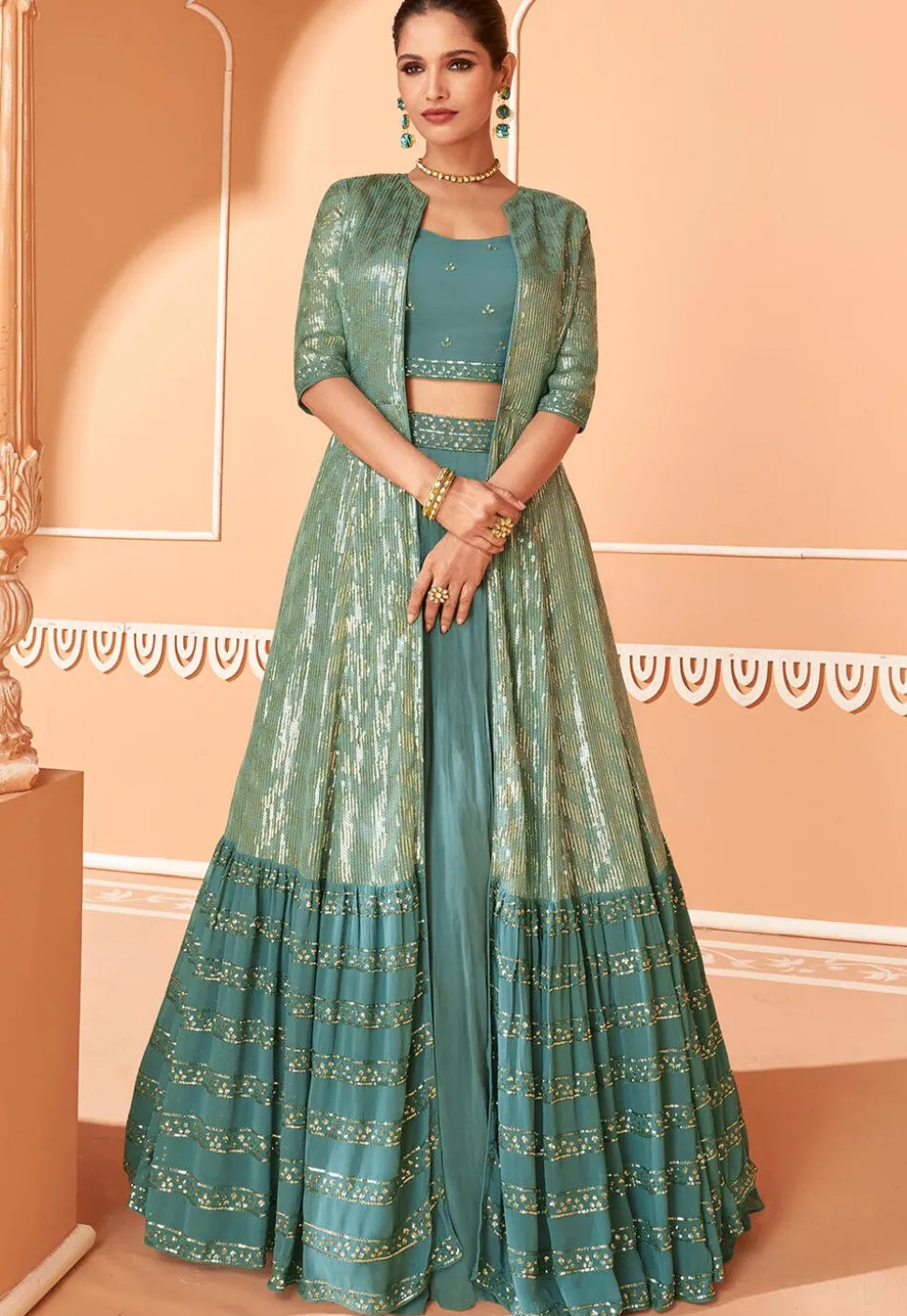 Embroidered Georgette Lehenga in Teal Green