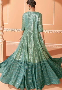 Embroidered Georgette Lehenga in Teal Green