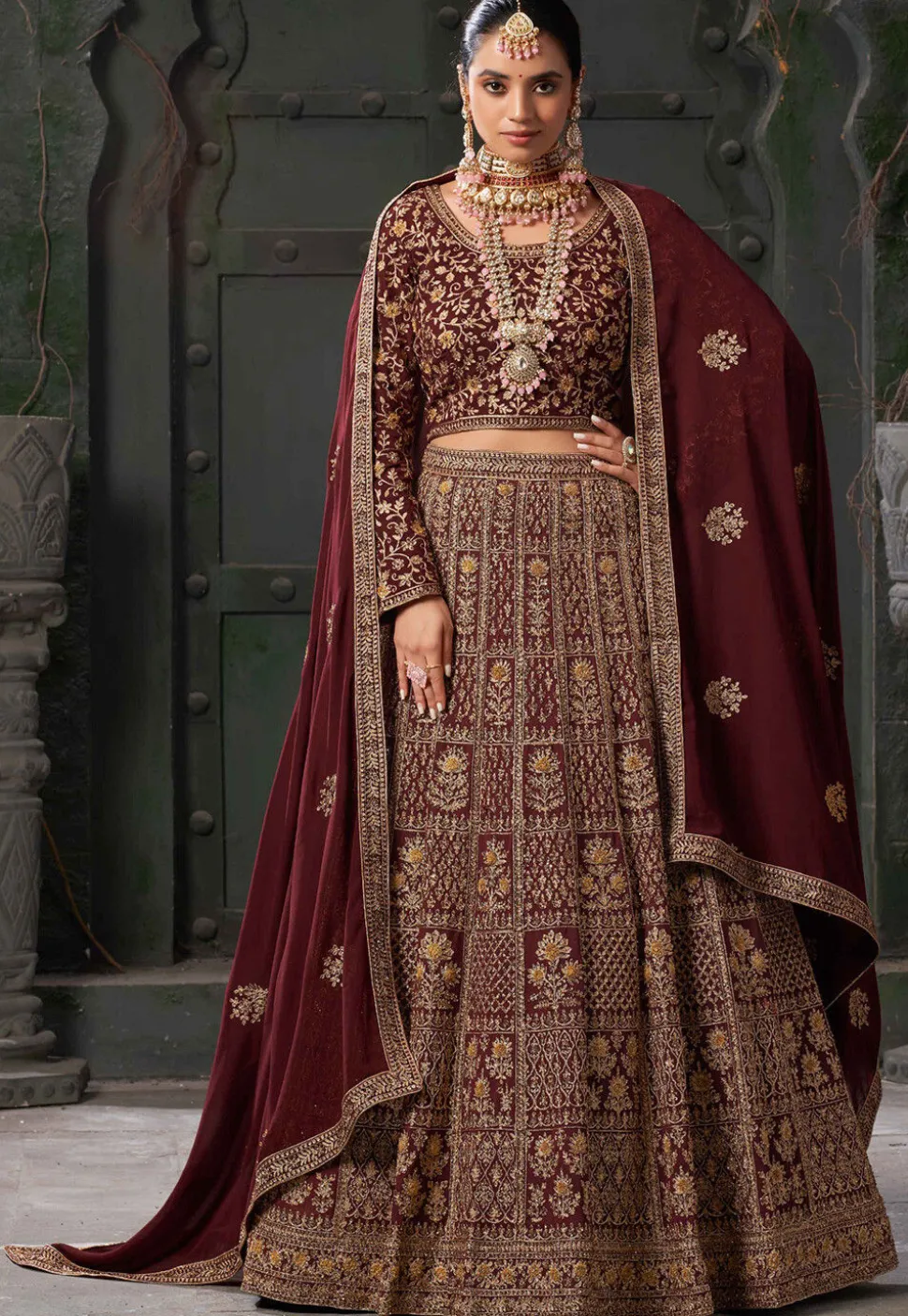 Embroidered Georgette Lehenga in Maroon