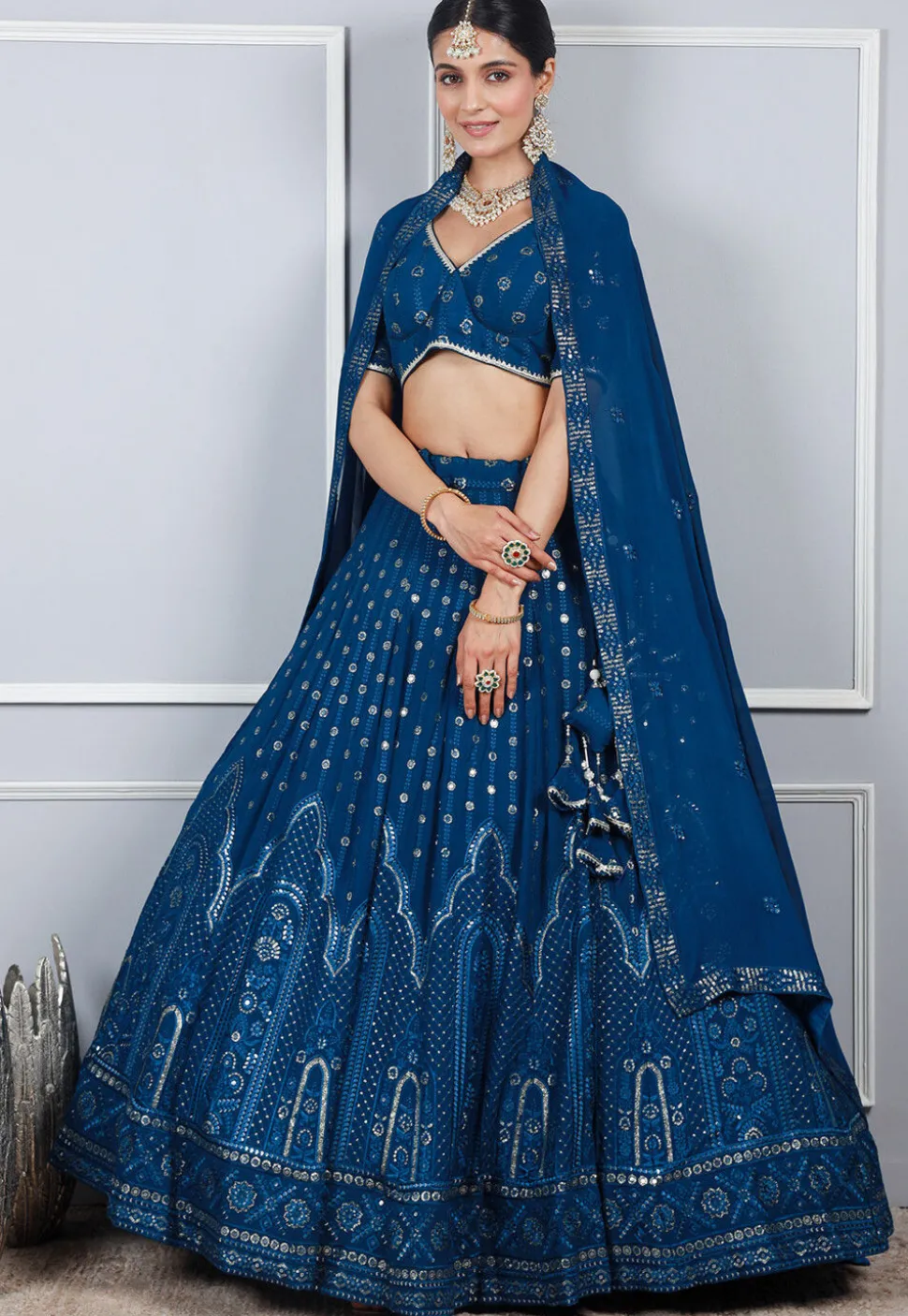 Embroidered Georgette Lehenga in Blue