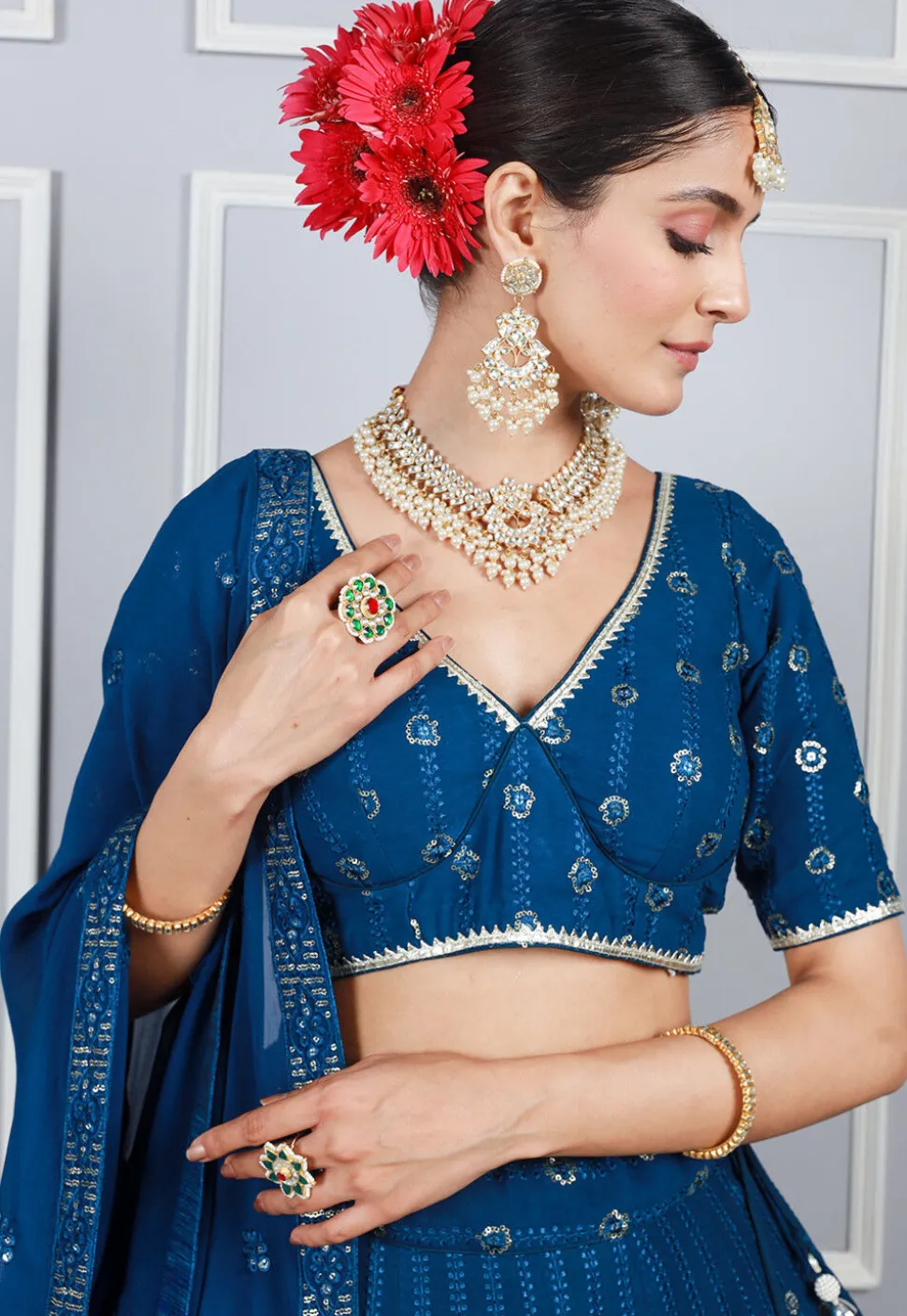 Embroidered Georgette Lehenga in Blue