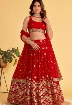 Embroidered Georgette Lehenga in Red