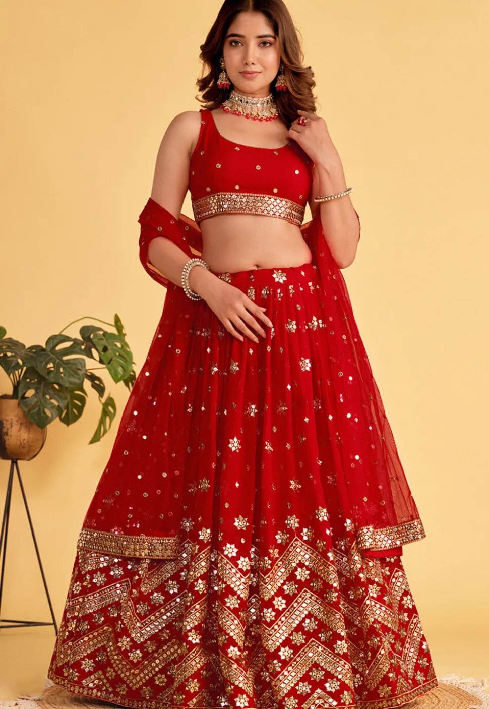 Embroidered Georgette Lehenga in Red