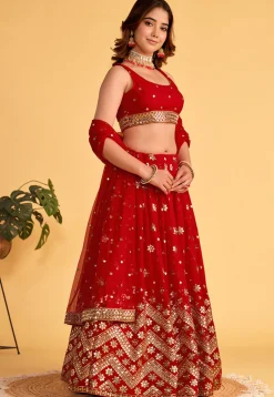 Embroidered Georgette Lehenga in Red