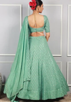 Embroidered Georgette Lehenga in Dusty Green