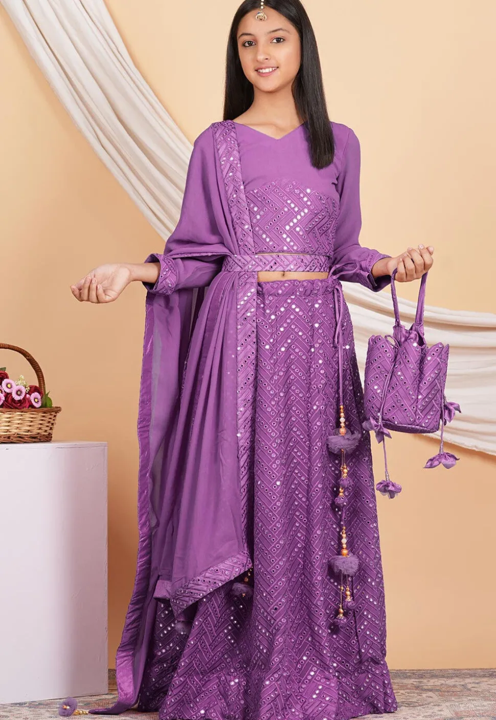Embroidered Georgette Lehenga in Light Purple