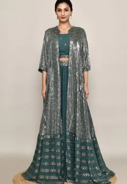 Embroidered Georgette Lehenga in Dark Teal Green