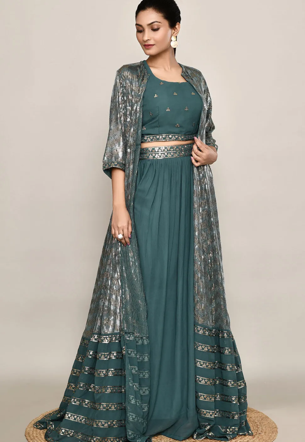 Embroidered Georgette Lehenga in Dark Teal Green