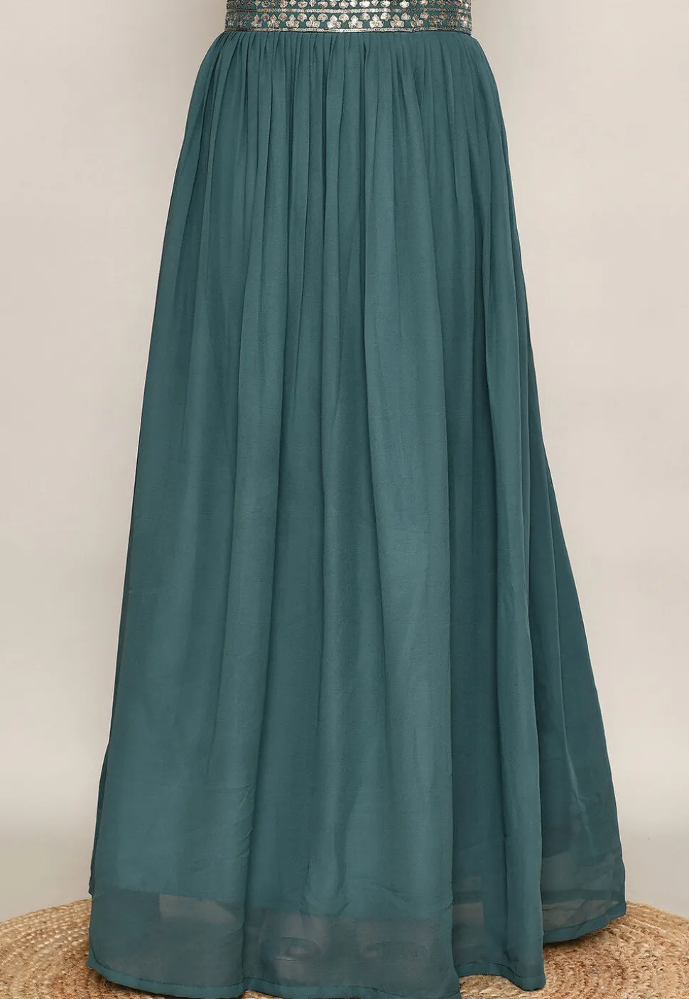 Embroidered Georgette Lehenga in Dark Teal Green