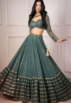 Embroidered Georgette Lehenga in Dusty Green
