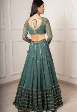Embroidered Georgette Lehenga in Dusty Green