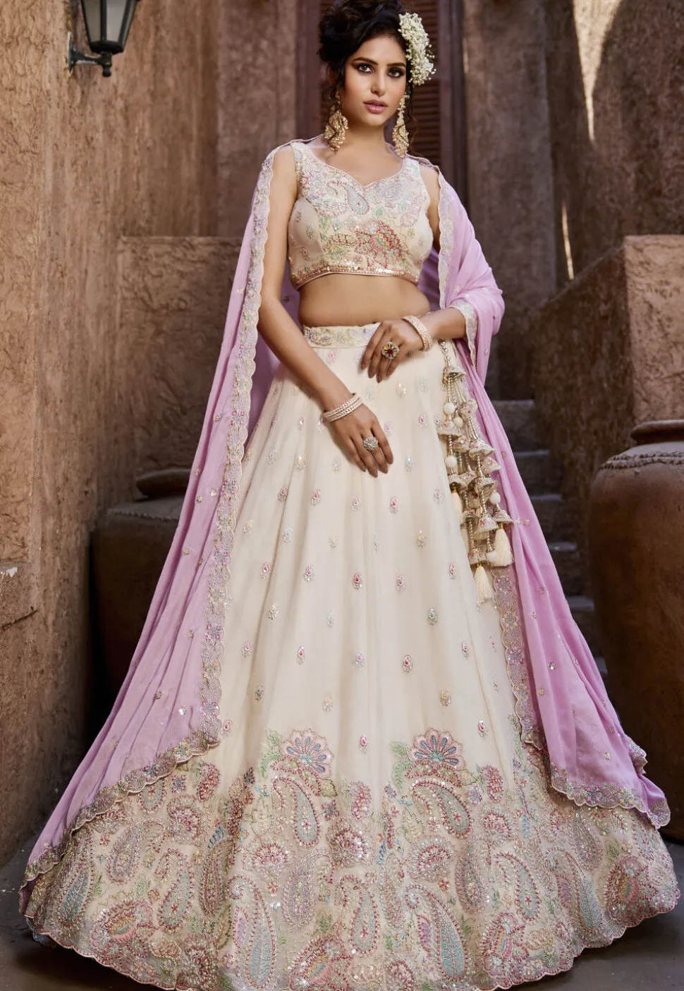 Embroidered Georgette Lehenga in Off White