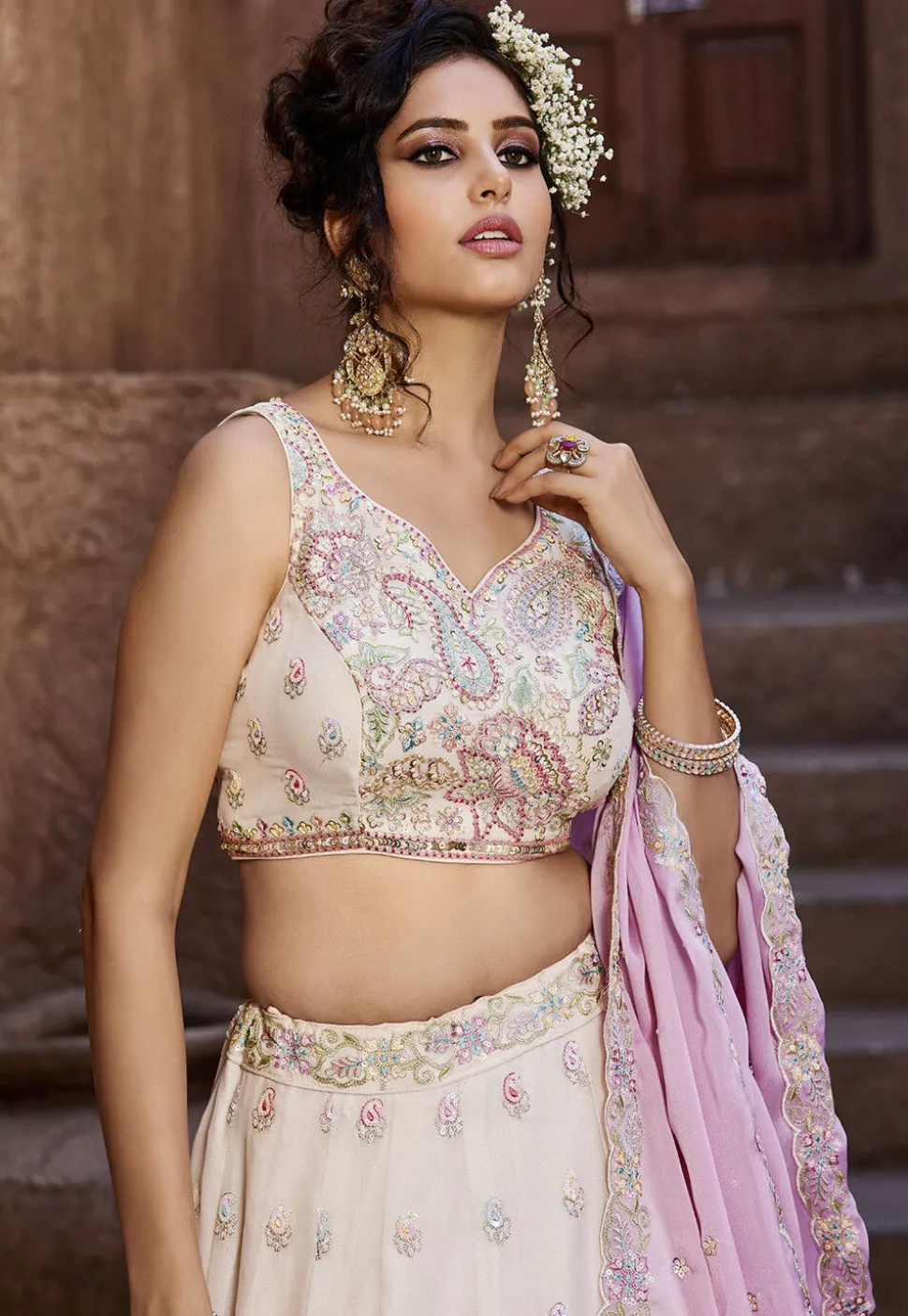 Embroidered Georgette Lehenga in Off White