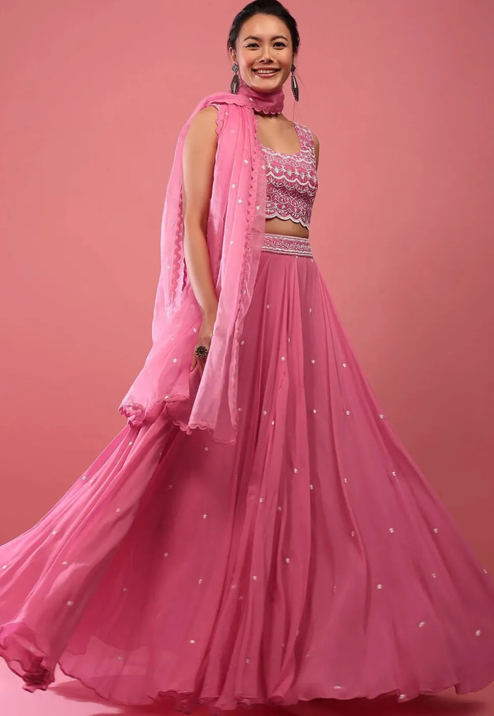 Embroidered Georgette Lehenga in Pink