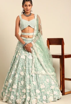 Embroidered Georgette Lehenga in Sea Green
