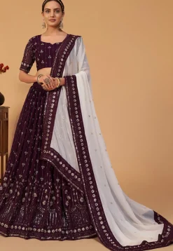 Embroidered Georgette Lehenga in Wine