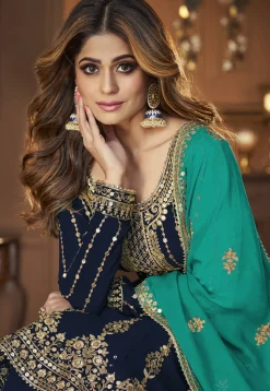 Embroidered Georgette Lehenga in Navy Blue