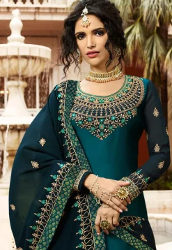 Embroidered Georgette Lehenga in Teal Green
