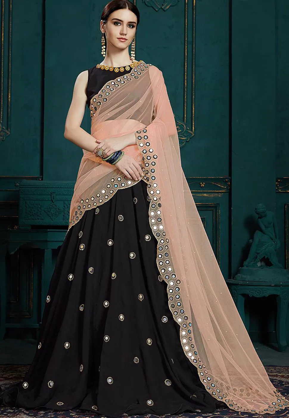 Embroidered Georgette Lehenga in Black