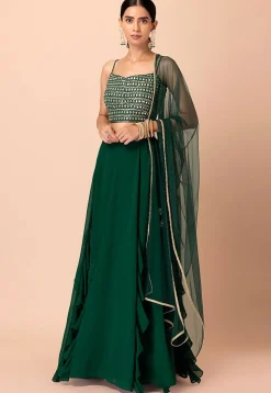 Embroidered Georgette Lehenga in Green