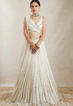 Embroidered Georgette Lehenga in Off White