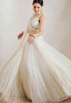 Embroidered Georgette Lehenga in Off White
