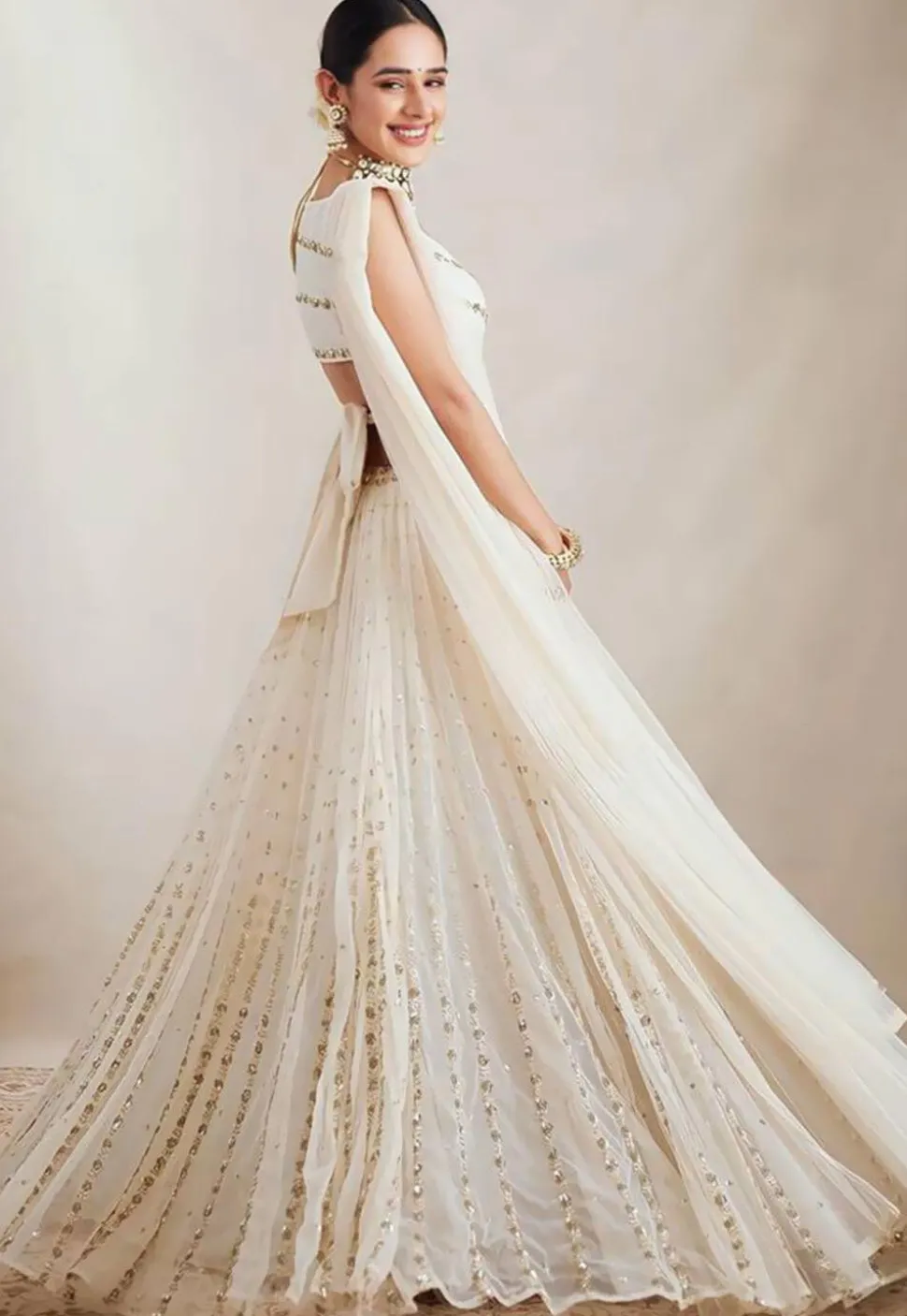 Embroidered Georgette Lehenga in Off White
