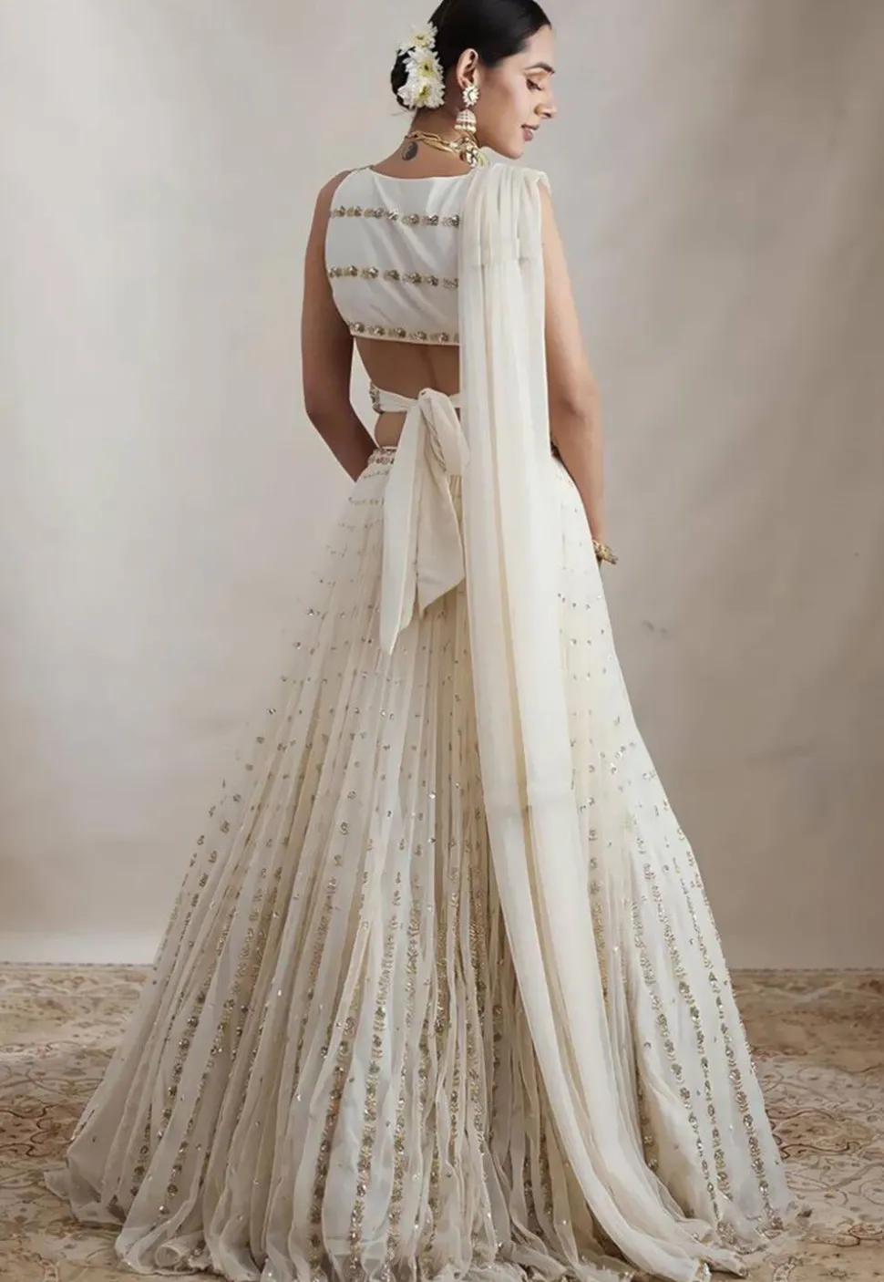 Embroidered Georgette Lehenga in Off White