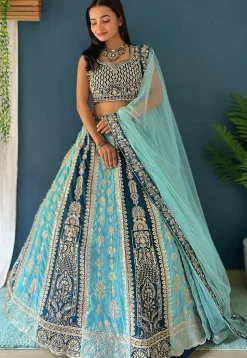 Embroidered Georgette Lehenga in Sky Blue and Teal Blue