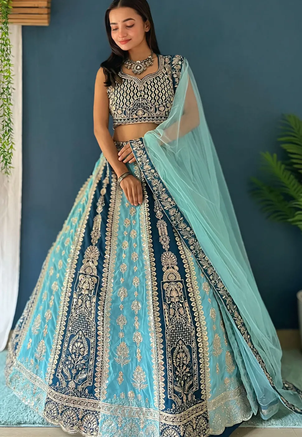 Embroidered Georgette Lehenga in Sky Blue and Teal Blue