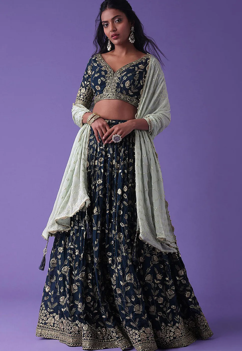 Embroidered Georgette Lehenga in Navy Blue
