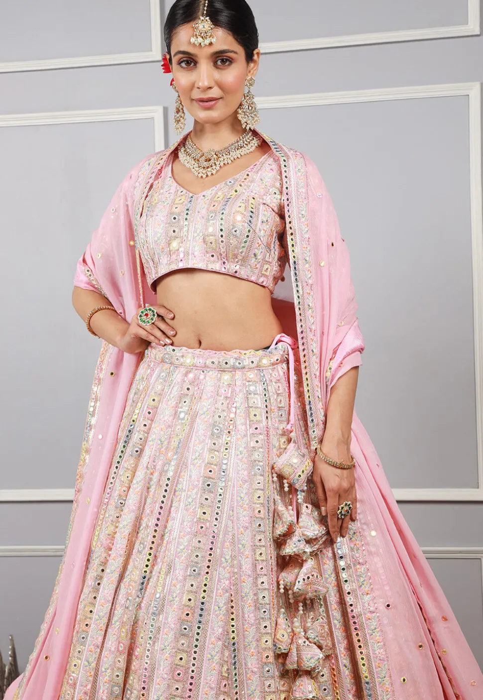 Embroidered Georgette Lehenga in Baby Pink
